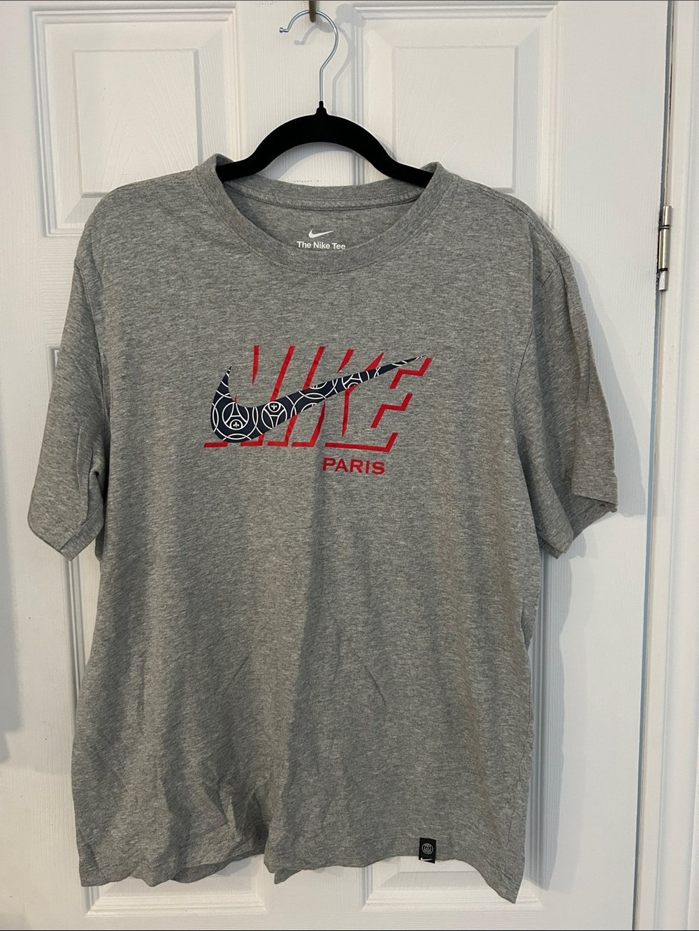 Nike Grey Short-Sleeve Paris Logo Tee with Red Accents